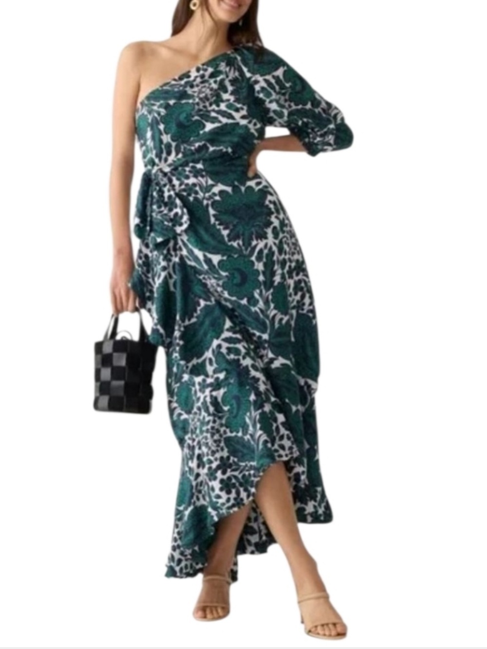 J. Crew Silky One Shoulder Ruffle Hem Dress Size 24 Emerald Navy Floral Formal - Picture 1 of 16
